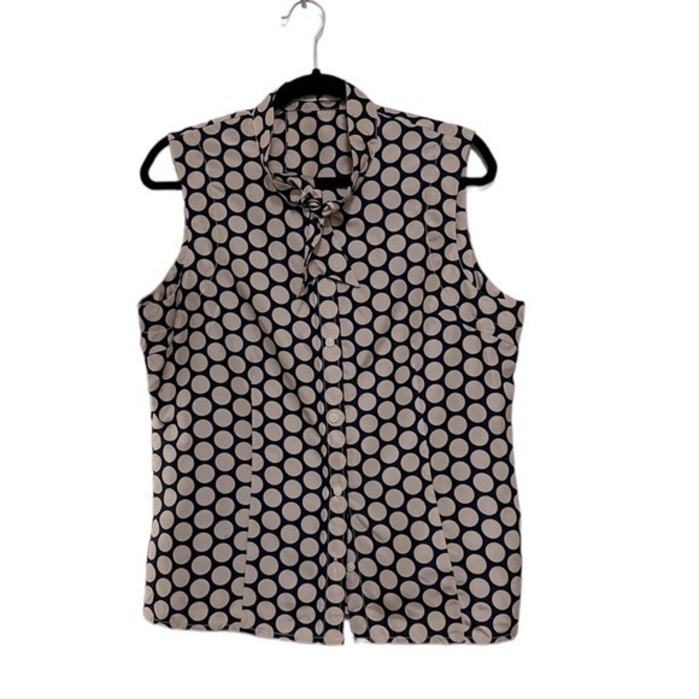 Isabella Sinclair 100% silk black & tan sleeveless polka dot blouse, tie neck